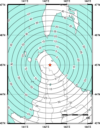 緊急地震速報第1報提供から主要動到達までの時間及び推計震度分布図
