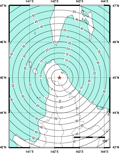 緊急地震速報第1報提供から主要動到達までの時間及び推計震度分布図