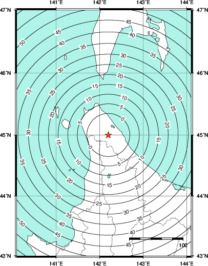緊急地震速報第1報提供から主要動到達までの時間及び推計震度分布図