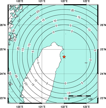 緊急地震速報第1報提供から主要動到達までの時間及び推計震度分布図