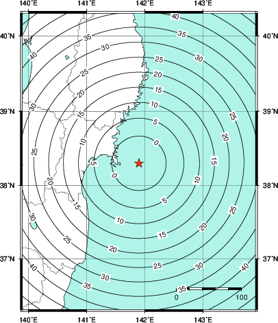 緊急地震速報第1報提供から主要動到達までの時間及び推計震度分布図