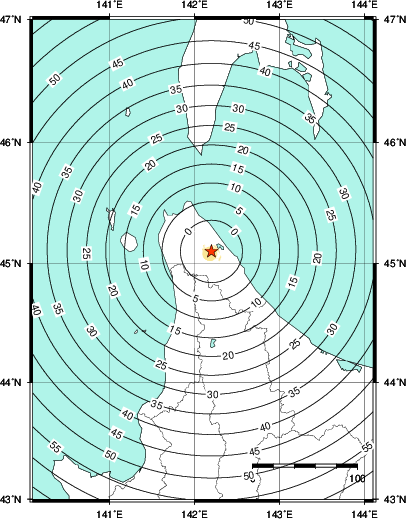 緊急地震速報第1報提供から主要動到達までの時間及び推計震度分布図