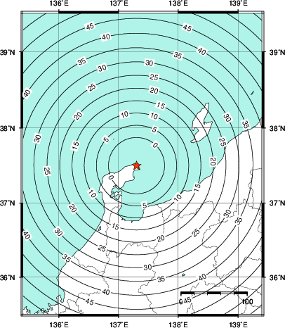 緊急地震速報第1報提供から主要動到達までの時間及び推計震度分布図
