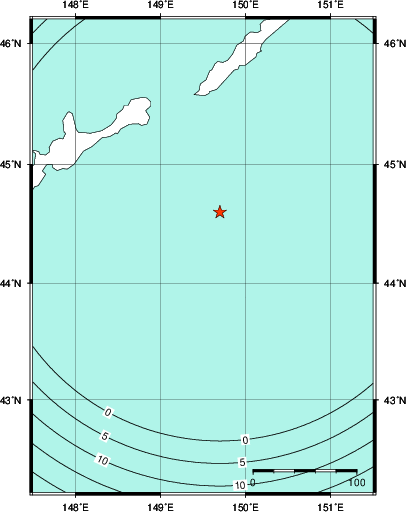 緊急地震速報第1報提供から主要動到達までの時間及び推計震度分布図