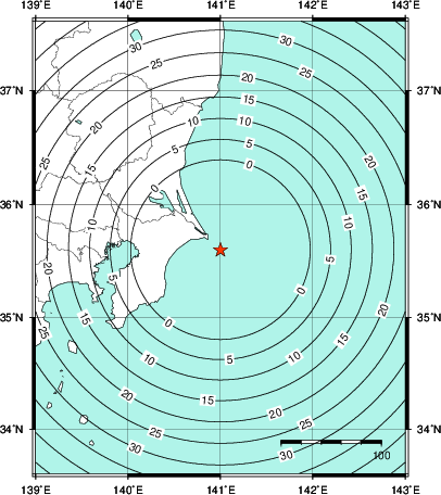 緊急地震速報第1報提供から主要動到達までの時間及び推計震度分布図