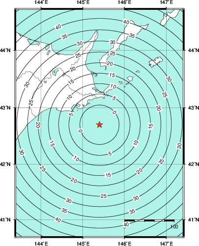 緊急地震速報第1報提供から主要動到達までの時間及び推計震度分布図
