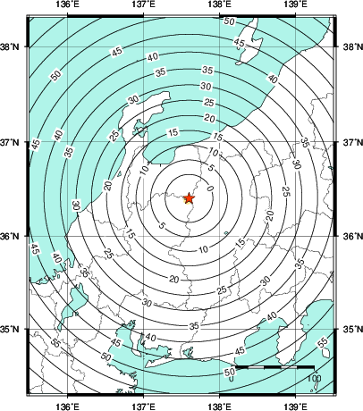 緊急地震速報第1報提供から主要動到達までの時間及び推計震度分布図