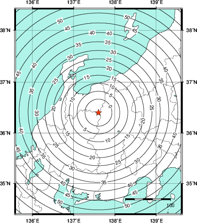 緊急地震速報第1報提供から主要動到達までの時間及び推計震度分布図