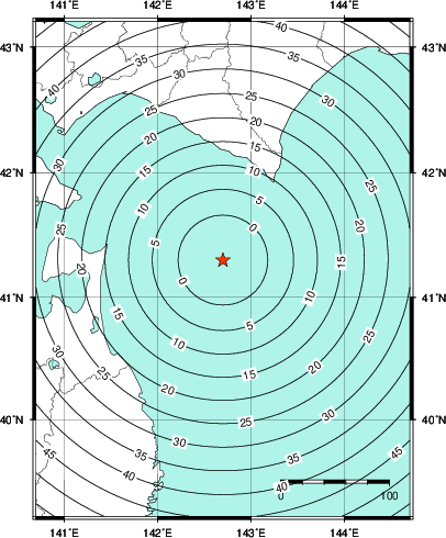 緊急地震速報第1報提供から主要動到達までの時間及び推計震度分布図