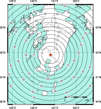 緊急地震速報第1報提供から主要動到達までの時間及び推計震度分布図