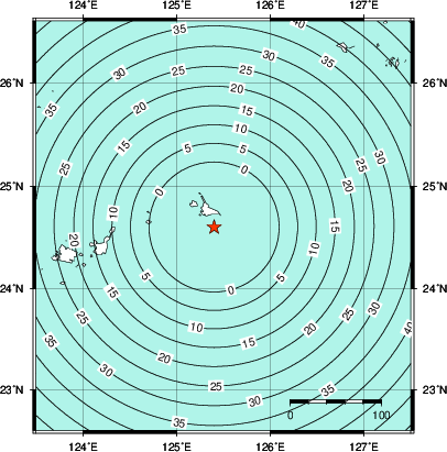 緊急地震速報第1報提供から主要動到達までの時間及び推計震度分布図