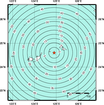 緊急地震速報第1報提供から主要動到達までの時間及び推計震度分布図