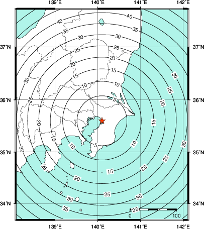 緊急地震速報第1報提供から主要動到達までの時間及び推計震度分布図