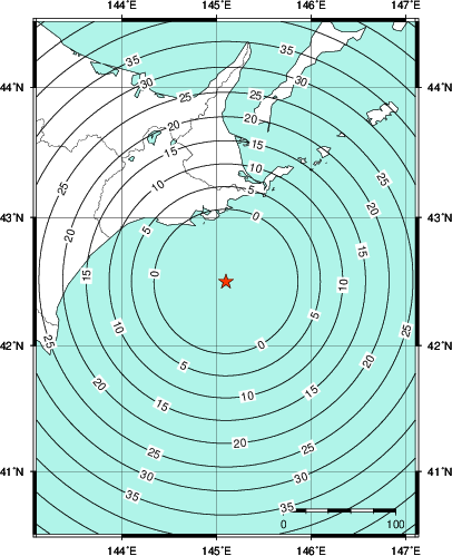 緊急地震速報第1報提供から主要動到達までの時間及び推計震度分布図