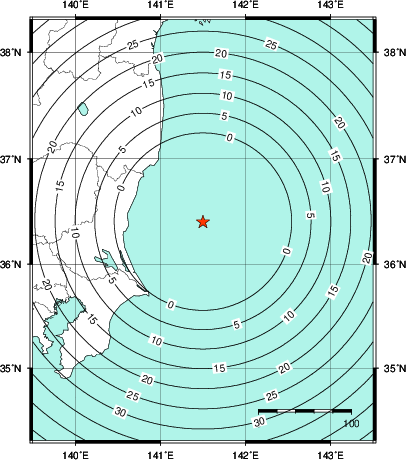 緊急地震速報第1報提供から主要動到達までの時間及び推計震度分布図