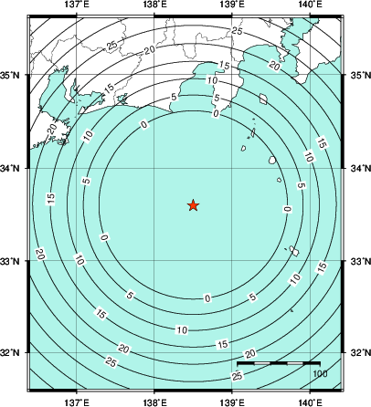緊急地震速報第1報提供から主要動到達までの時間及び推計震度分布図