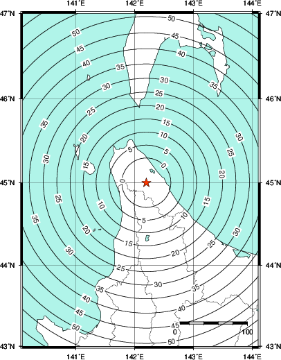 緊急地震速報第1報提供から主要動到達までの時間及び推計震度分布図