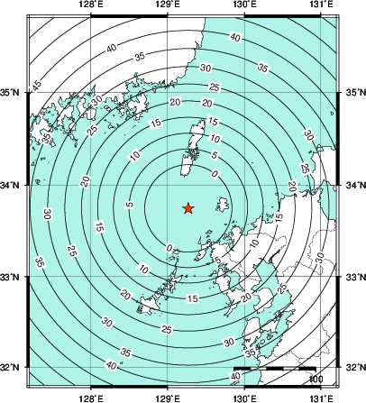 緊急地震速報第1報提供から主要動到達までの時間及び推計震度分布図
