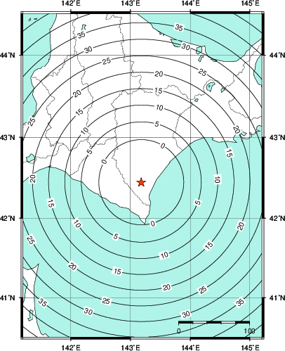 緊急地震速報第1報提供から主要動到達までの時間及び推計震度分布図