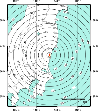 緊急地震速報第1報提供から主要動到達までの時間及び推計震度分布図