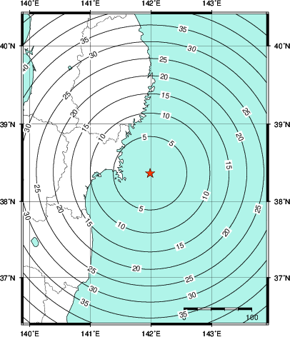 緊急地震速報第1報提供から主要動到達までの時間及び推計震度分布図