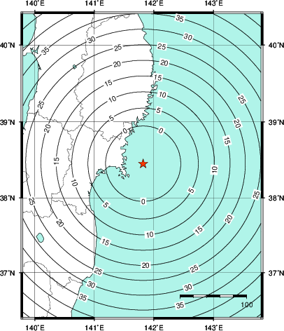 緊急地震速報第1報提供から主要動到達までの時間及び推計震度分布図