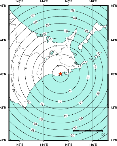 緊急地震速報第1報提供から主要動到達までの時間及び推計震度分布図