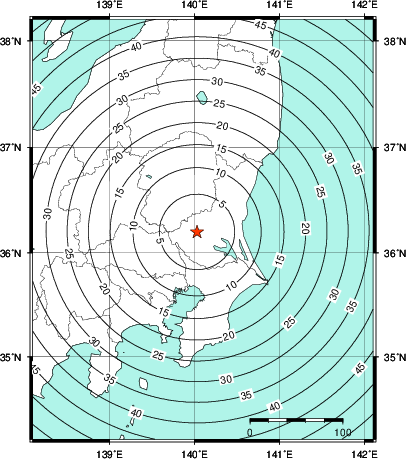 緊急地震速報第1報提供から主要動到達までの時間及び推計震度分布図