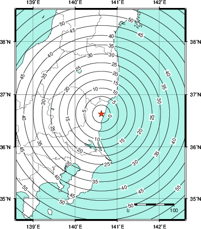 緊急地震速報第1報提供から主要動到達までの時間及び推計震度分布図