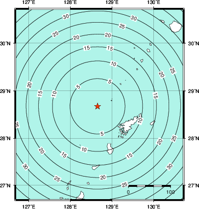 緊急地震速報第1報提供から主要動到達までの時間及び推計震度分布図