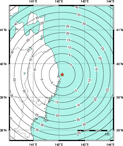緊急地震速報第1報提供から主要動到達までの時間及び推計震度分布図