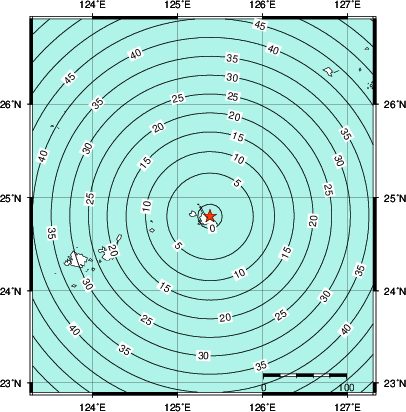 緊急地震速報第1報提供から主要動到達までの時間及び推計震度分布図