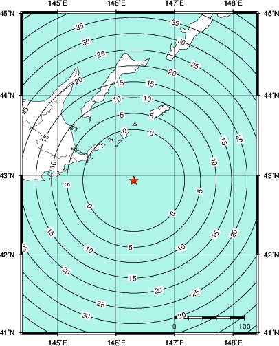 緊急地震速報第1報提供から主要動到達までの時間及び推計震度分布図