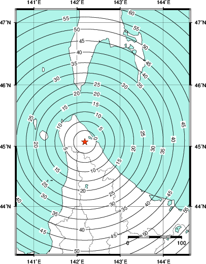 緊急地震速報第1報提供から主要動到達までの時間及び推計震度分布図