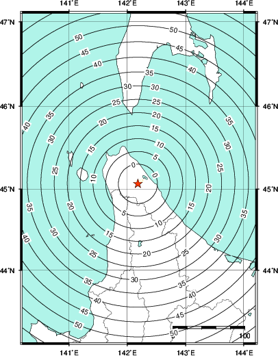 緊急地震速報第1報提供から主要動到達までの時間及び推計震度分布図