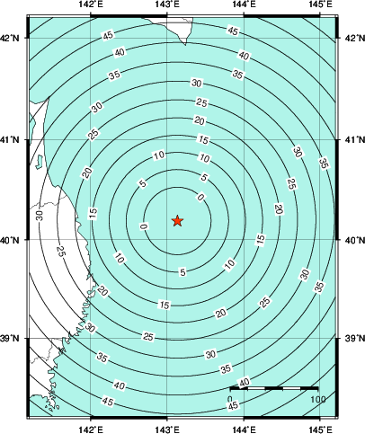 緊急地震速報第1報提供から主要動到達までの時間及び推計震度分布図