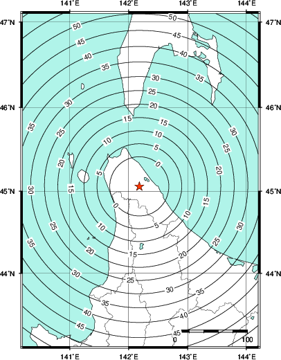 緊急地震速報第1報提供から主要動到達までの時間及び推計震度分布図