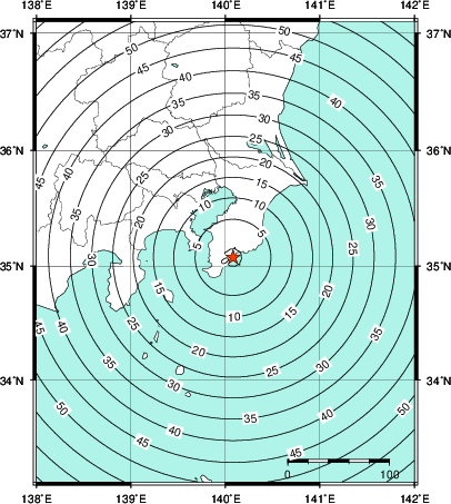 緊急地震速報第1報提供から主要動到達までの時間及び推計震度分布図