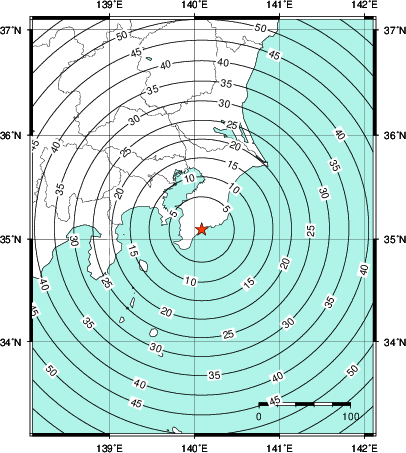 緊急地震速報第1報提供から主要動到達までの時間及び推計震度分布図