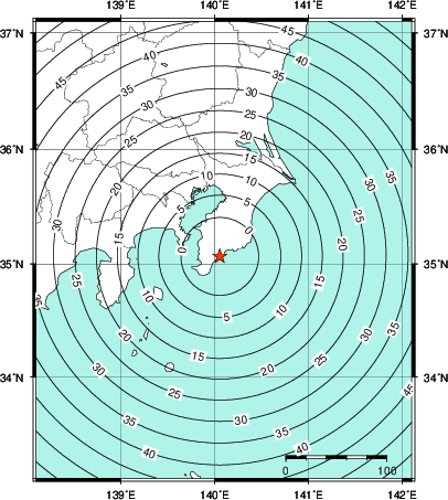 緊急地震速報第1報提供から主要動到達までの時間及び推計震度分布図