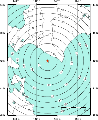 緊急地震速報第1報提供から主要動到達までの時間及び推計震度分布図