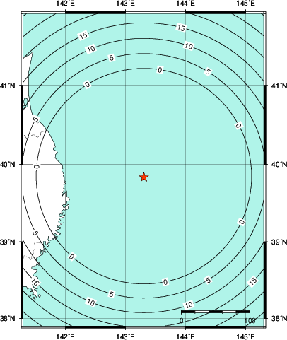 緊急地震速報第1報提供から主要動到達までの時間及び推計震度分布図