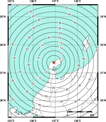 緊急地震速報第1報提供から主要動到達までの時間及び推計震度分布図