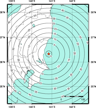 緊急地震速報第1報提供から主要動到達までの時間及び推計震度分布図