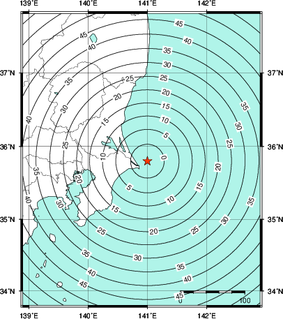 緊急地震速報第1報提供から主要動到達までの時間及び推計震度分布図