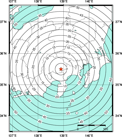 緊急地震速報第1報提供から主要動到達までの時間及び推計震度分布図