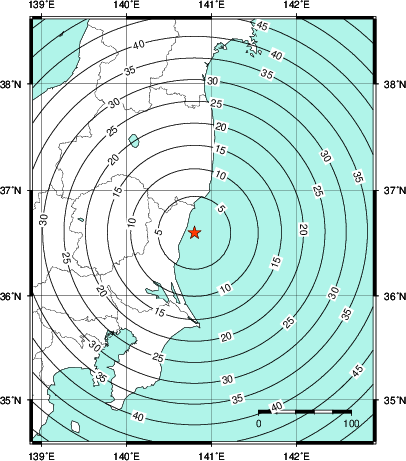 緊急地震速報第1報提供から主要動到達までの時間及び推計震度分布図