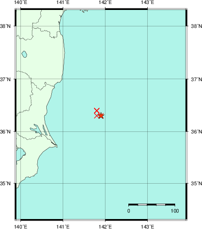 推定した震源の位置