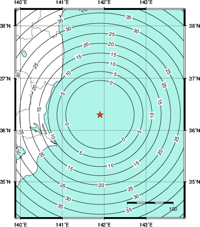 緊急地震速報第1報提供から主要動到達までの時間及び推計震度分布図