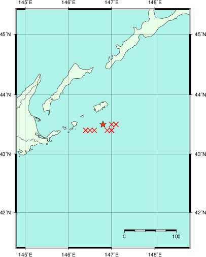 推定した震源の位置